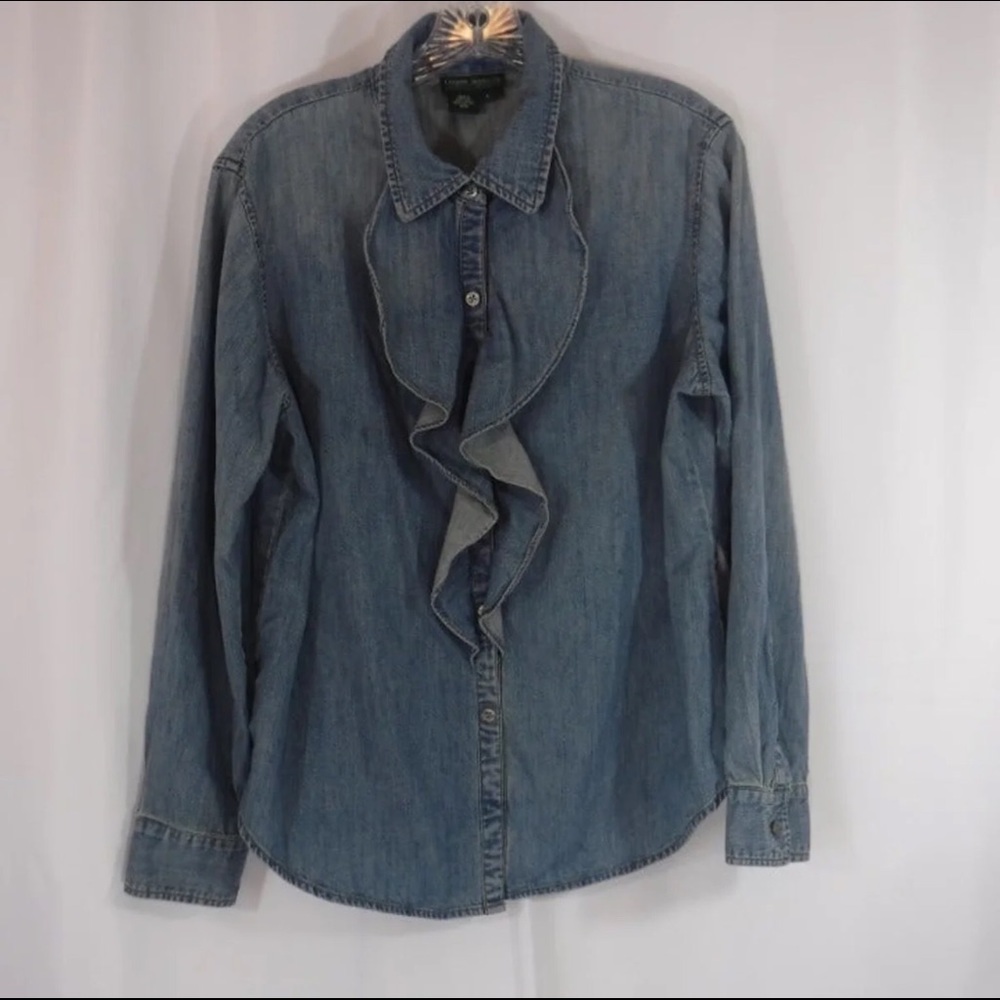 Womens Denim Chambray Ruffle Front Size L